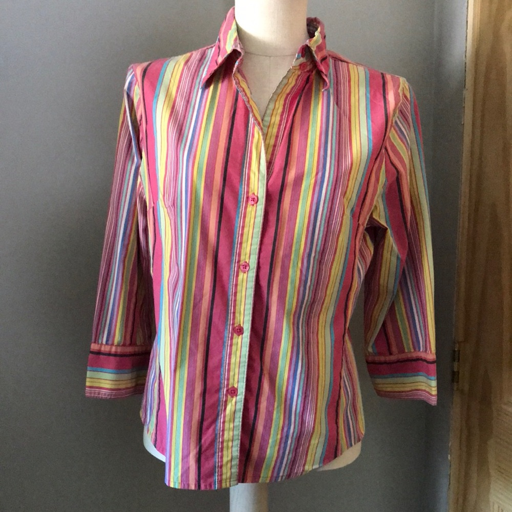 George brand stretch blouse with colorful stripes & 3/4 sleeves. Sz. L